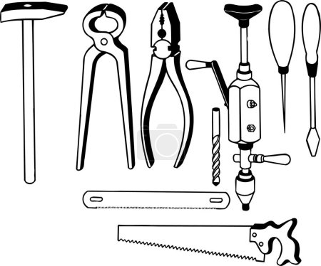Photo for Black and white illustration of different working tools isolated on white - Royalty Free Image