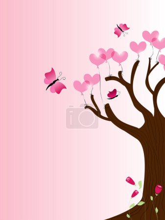 Téléchargez les illustrations : Bel arbre aux cœurs roses et aux papillons - en licence libre de droit