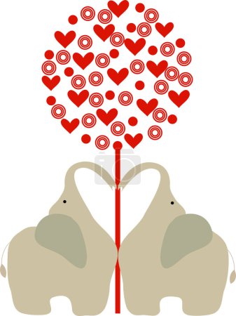 Téléchargez les illustrations : Arbre rouge fait de coeurs et couple d'éléphants amoureux, illustration vectorielle - en licence libre de droit