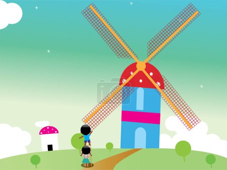 Illustration for Windmill farm with a girl - Royalty Free Image