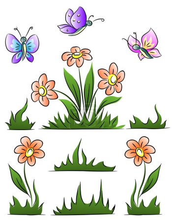 Téléchargez les photos : Illustration vectorielle de fleurs et de papillons sur fond blanc - en image libre de droit