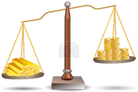 Illustration for Golden coins and scales isolated on white. 3 d illustration. - Royalty Free Image
