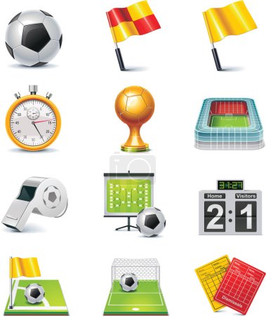 Téléchargez les illustrations : Ensemble d'icônes de l'équipement de football de football isolé sur blanc - en licence libre de droit
