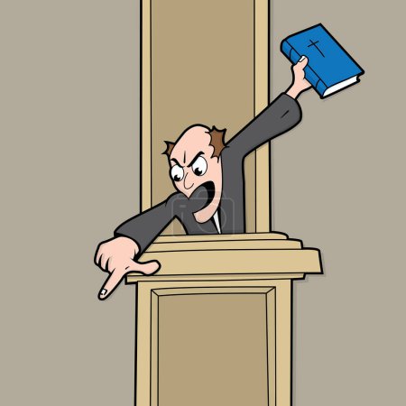 Illustration for Angry preacher holding bible and pointing at congregation priest - Royalty Free Image