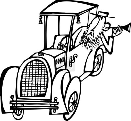 Téléchargez les illustrations : Illustration vectorielle de dessin animé d'un homme drôle en voiture vintage - en licence libre de droit