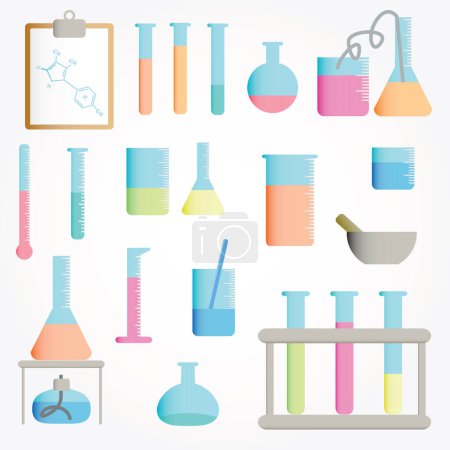 Ilustración de Conjunto de cristalería de laboratorio colorido, experimento químico. - Imagen libre de derechos
