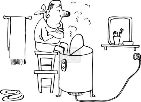 Illustration for Ill man toasting his feet in the heating boiler - Royalty Free Image