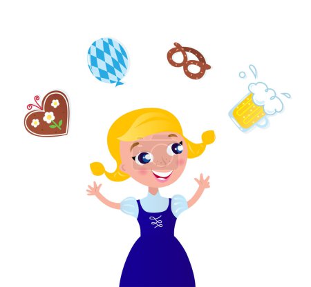 Illustration for Cute Octoberfest Girl in traditional Clothes juggling with icons Cute Blond Hair Woman in Octoberfest costume. Vector cartoon Illustration. - Royalty Free Image