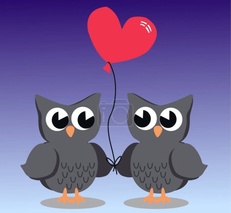 Illustration for Cute cartoon owls in love with red heart - Royalty Free Image