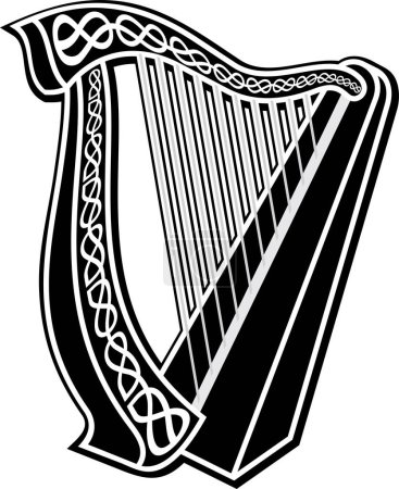 Téléchargez les illustrations : Illustration en noir et blanc de Harpe isolée sur blanc - en licence libre de droit