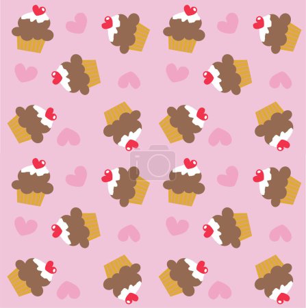 Illustration for Seamless background with cute cartoon hearts and cupcakes for valentine 's day - Royalty Free Image