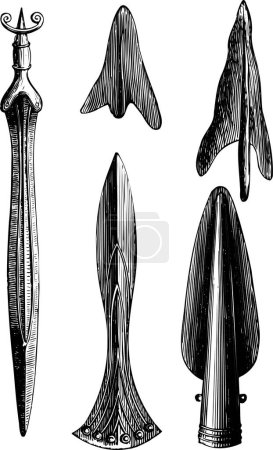Ilustración de Ilustración en blanco y negro de la Edad del Bronce, armas de bronce y puntas de flecha, encontrada en Suiza, ilustración de 1890 aislada en blanco - Imagen libre de derechos