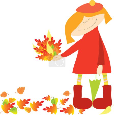 Ilustración de Vector ilustración de niña en hojas de otoño. - Imagen libre de derechos