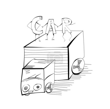 Ilustración de Bosquejo con el coche y divertidas cartas de dibujos animados - Imagen libre de derechos