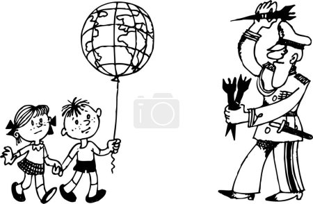 Téléchargez les illustrations : Militasirt avec des fusées et des enfants avec globe-ballon - en licence libre de droit