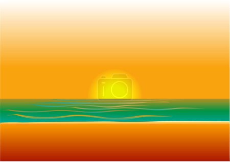 Téléchargez les illustrations : Illustration vectorielle d'une femme en maillot de bain rouge sur la plage au coucher ou au lever du soleil. - en licence libre de droit