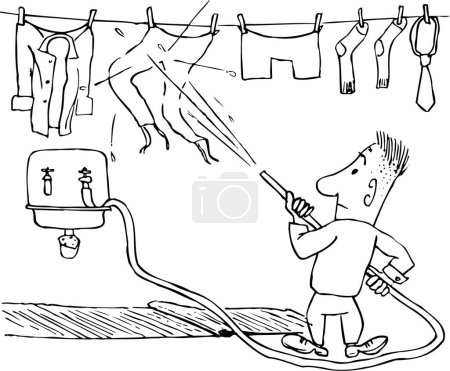 Téléchargez les illustrations : Illustration de dessin animé d'un homme dessin animé nettoyage vêtements - en licence libre de droit