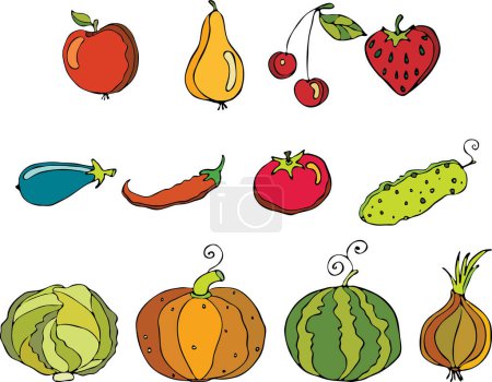 Téléchargez les illustrations : Vecteur dessiné à la main ensemble de fruits et légumes colorés - en licence libre de droit