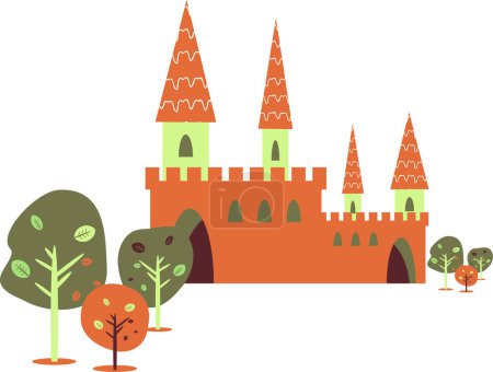 Téléchargez les illustrations : Illustration plate du château avec arbres, buissons et buissons. illustration vectorielle de dessin animé - en licence libre de droit