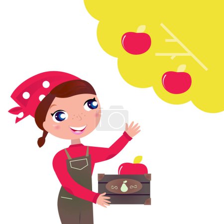 Ilustración de Mujer linda cosechando manzanas en el jardín de otoño. La mujer toma fruta del árbol. Dibujos animados vectoriales Ilustración. - Imagen libre de derechos
