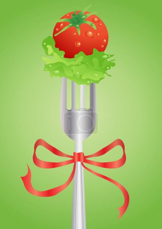 Téléchargez les illustrations : Illustration d'une fourchette avec salade, tomate et ruban rouge - en licence libre de droit