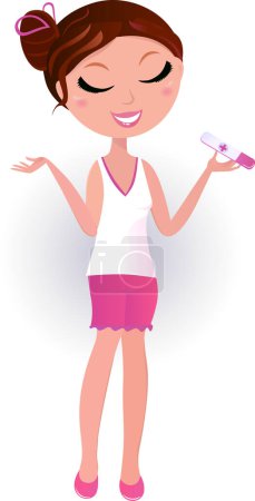 Illustration for Pregnancy testing: Woman with baby test isolated on white Happy woman holding pregnancy test. Vector Illustration. - Royalty Free Image