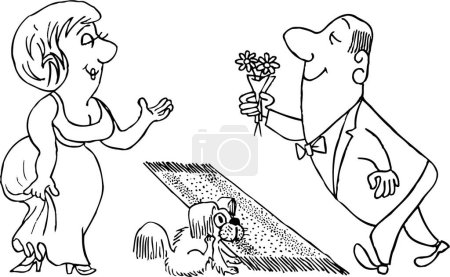 Illustration for Man giving flowers to woman standing with her puppy - Royalty Free Image