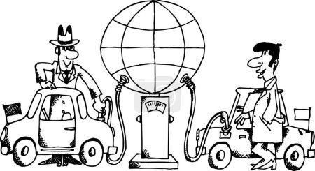 Téléchargez les illustrations : Dessin animé vectoriel de l'homme et des femmes d'affaires avec une voiture jouet - en licence libre de droit