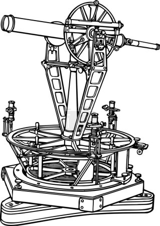 Ilustración de Ilustración en blanco y negro de Altazimuth Theodolite que se utiliza en la ilustración de la línea vintage Ordnance Survey dibujo o grabado aislado en blanco - Imagen libre de derechos