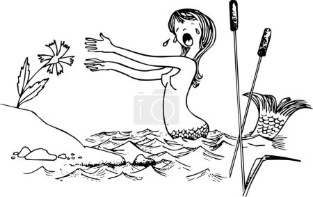 Ilustración de Sirena llorando por la flor que crece en la orilla del río - Imagen libre de derechos