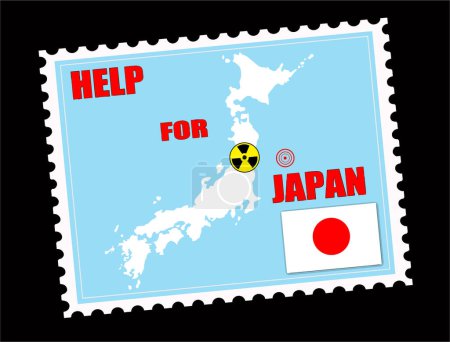 Illustration for Postal stamp with Japan map with danger on an atomic power station and seismic epicenter - Royalty Free Image