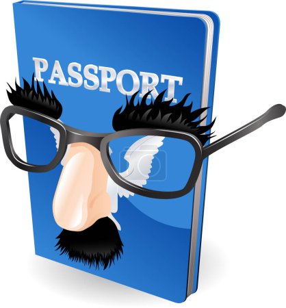 Illustration for Identity theft concept. Passport wearing a disguise of fake glasses and nose. - Royalty Free Image