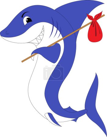 Illustration for Illustration of a cute cartoon shark with stick and bag - Royalty Free Image