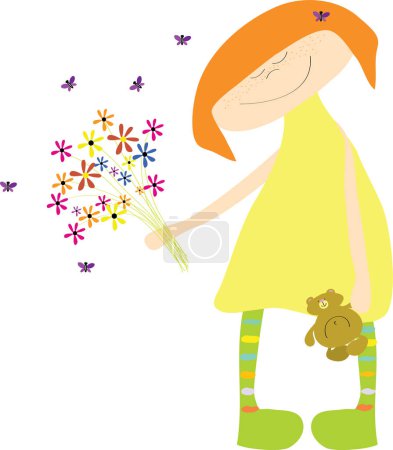 Téléchargez les illustrations : Petite fille avec des fleurs et des papillons, illustration vectorielle - en licence libre de droit