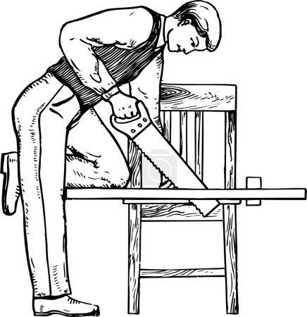Illustration for Woodcut illustration of man sawing and chair - Royalty Free Image