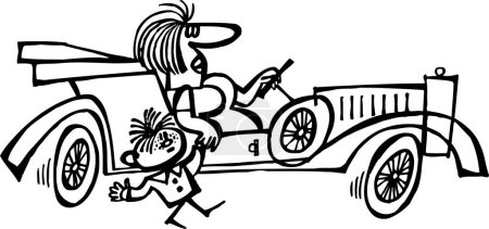 Ilustración de Mujer conduciendo en el coche y el niño corriendo cerca sobre fondo blanco, ilustración vectorial moderna - Imagen libre de derechos