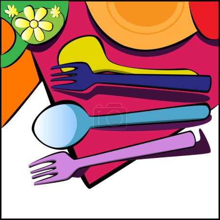 Téléchargez les illustrations : Illustration vectorielle de cuillères et fourchettes colorées - en licence libre de droit