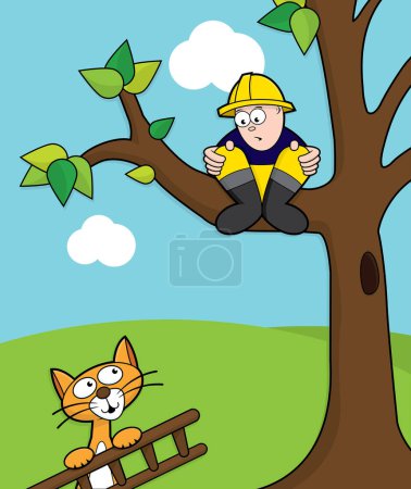 Illustration for Cat coming to rescue a fireman stuck up a tree with ladder - Royalty Free Image