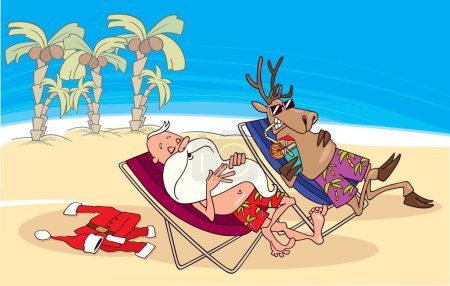 Téléchargez les illustrations : Père Noël et rennes se reposent sur la plage - en licence libre de droit