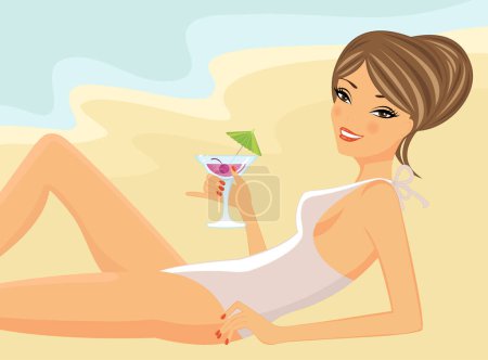 Téléchargez les illustrations : Belle femme en maillot de bain avec cocktail, vecteur - en licence libre de droit