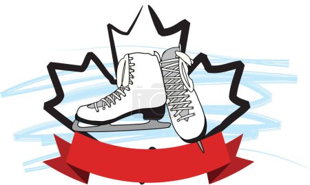 Illustration for Ice skates with banner and large maple leaf in the back. - Royalty Free Image