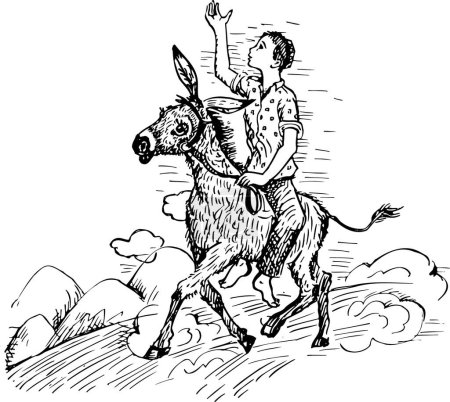 Téléchargez les illustrations : Croquis vectoriel du garçon chevauchant l'âne - en licence libre de droit