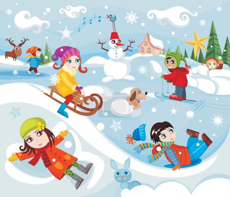 Téléchargez les illustrations : Enfants jouant dans la rue d'hiver - en licence libre de droit