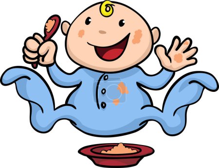 Illustration for A cartoon illustration of a little baby sitting with food - Royalty Free Image