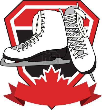 Illustration for Crest with banner, maple leaf, and ice skates. - Royalty Free Image