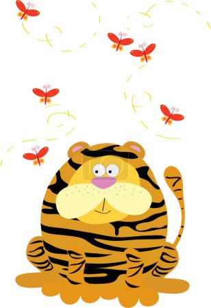 Téléchargez les illustrations : Drôle de tigre avec queue et papillons - en licence libre de droit