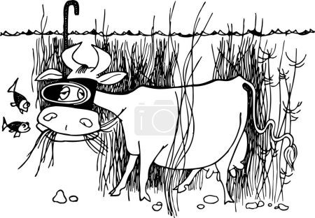 Téléchargez les illustrations : Illustration de dessin animé d'une vache avec des cornes sous l'eau - en licence libre de droit