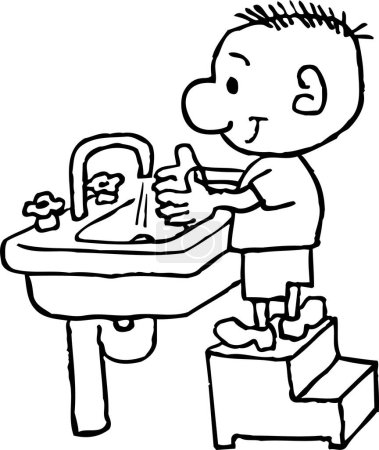 Téléchargez les illustrations : Garçon lavage des mains dans la salle de bain - en licence libre de droit