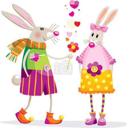 Ilustración de Dibujos animados pareja de dos conejos sobre fondo blanco - Imagen libre de derechos