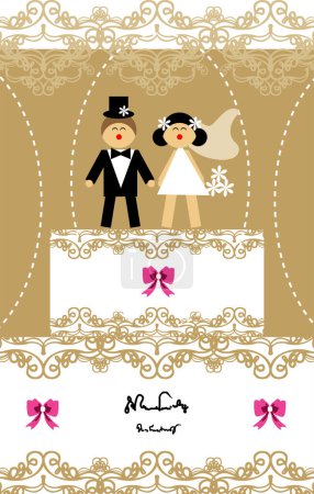 Illustration for Wedding card with newlyweds couple on cake top, wedding cake topper , vector illustration - Royalty Free Image